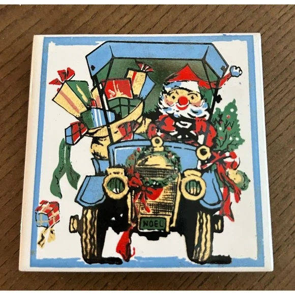 Vintage Santa Claus Driving Antique Car Ceramic Tile Coaster Holiday‎ Decor Noel