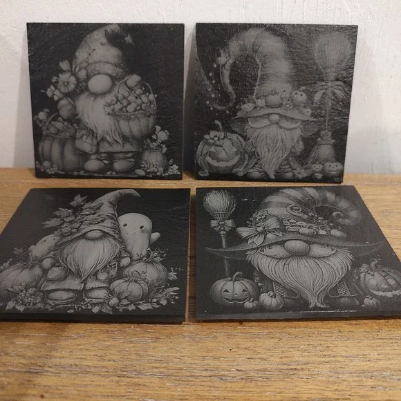 Laser Engraved Slate Coasters Halloween Fall Gnome Holiday Theme Set Of 4