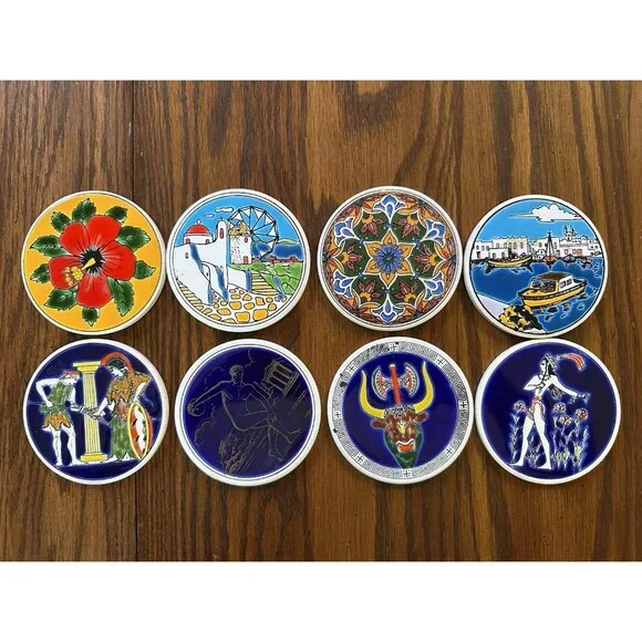 8 Vintage Smaltotechniki & Thanos Ceramic Greek Round 3.5