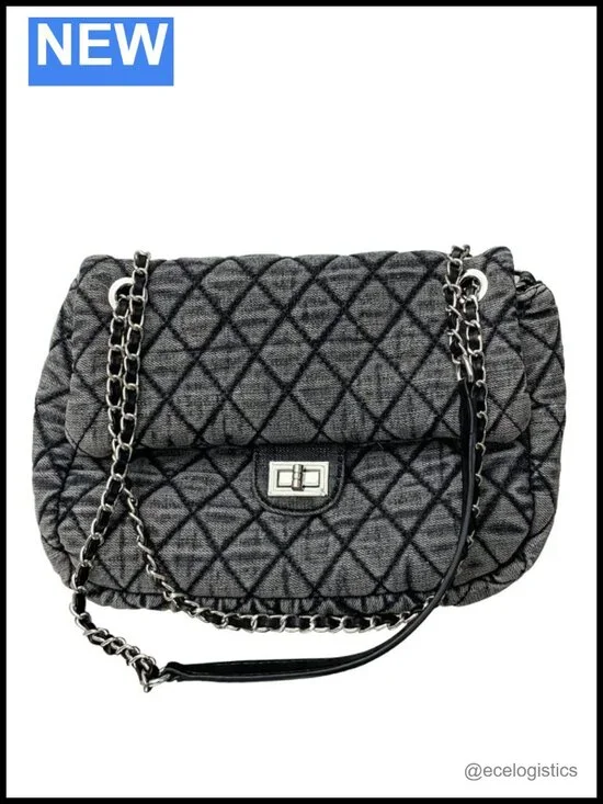 Washed Denim Quilted Tote Bag with Chain Strap
