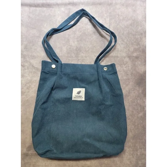 Corduroy Tote Bag Ribbed Teal 100% Cotton Eco Reusable Purse Women's 14in x 13in