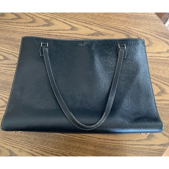 Kate Spade Black Pebbled Leather Tote Bag Made in Italy White Stitching 11232