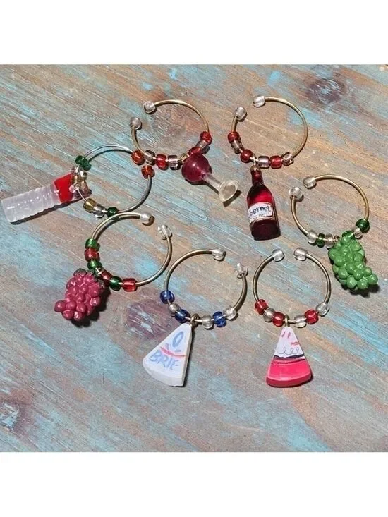 Wine glass drink charms lot of 7 cheese grapes bottle beaded