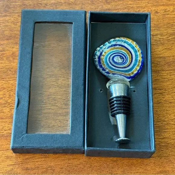 NIB Dennis East Wine Bottle Stopper Glass Colbalt Blue Gold and Turquoise
