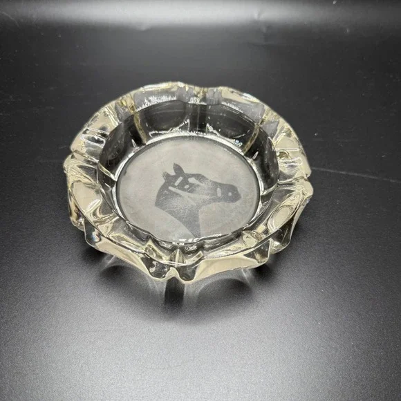 Glass Ashtray Horse Head Etched Design Heavy Crystal Clear Ashtray‎