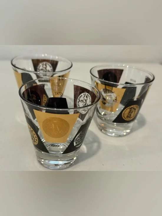 Set 3 Mid Century Cera Glass 22K Gold w/ Coin Emblem Design 