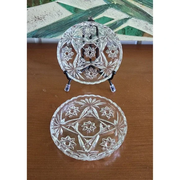 2 Anchor Hocking Star of‎ David Crystal Drink Coasters Trinket Dishes Scalloped