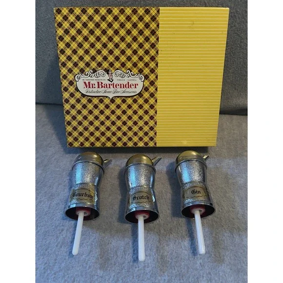 VTG Mr Bartender Set Of 3 Chrome Pouring Jigger Spout Gin Scotch & Bourbon MCM‎