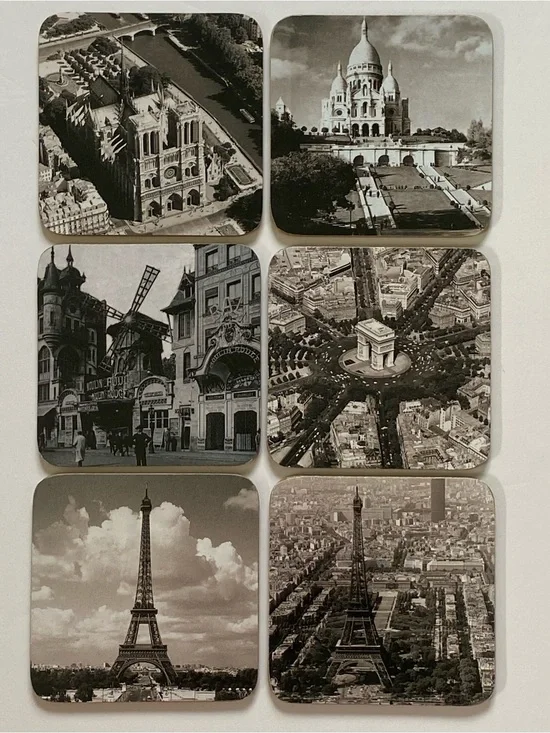 Paris Coasters Scenes France Set Of 6 Cork Back EUC Eiffel Tower Moulin Rouge