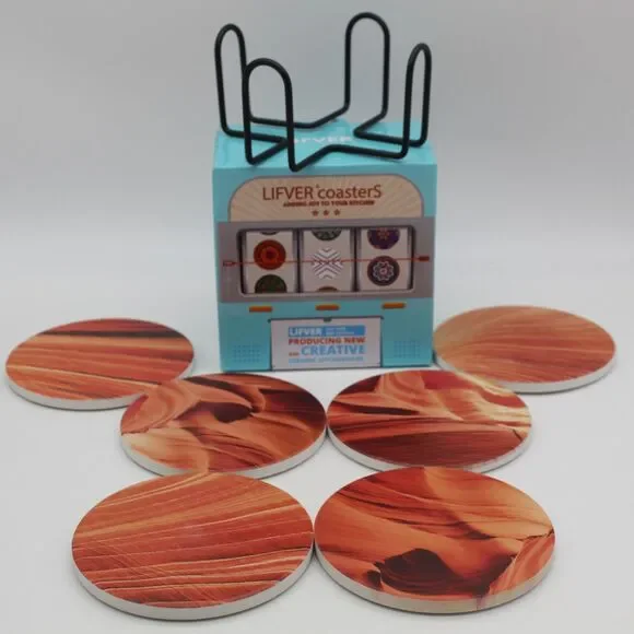Absorbent Drink Ceramic Coasters & Holder Set of 6 w/Cork Back Varying Patterns