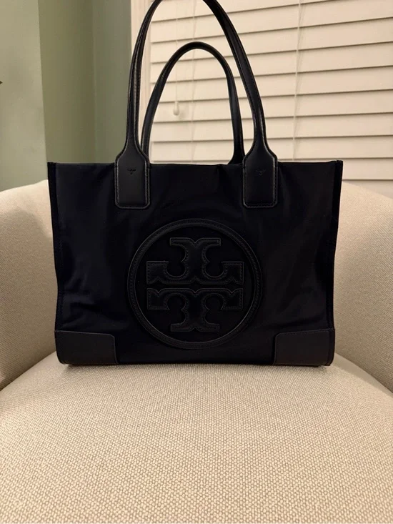 Tory Burch Small Navy Ella Tote with Leather Trim