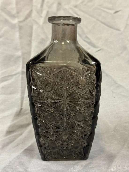 Vintage Smoky Gray Pressed Glass Decanter Bottle - Starburst Pinwheel Pattern