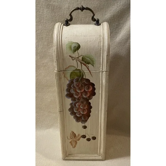 Vintage Hand Painted Wooden Wine Box Single Bottle Carrier Grapes Rustic Kitchen