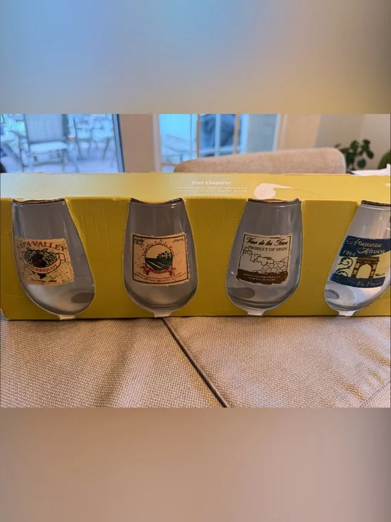 Pier 1 Wine Glasses Set - Yellow Box with Vintage Label Accents