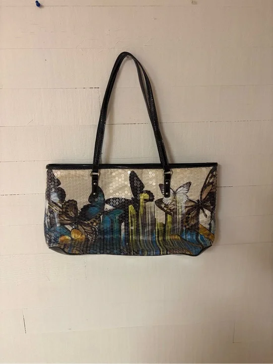 Nine West Butterfly Sequin Graphic Tote Bag Black Patent Shopper