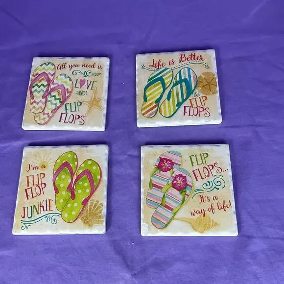 Coastal Flip Flops Ceramic Coasters Set of 4 - Summer Beach Decor Tiles