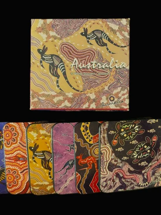 Australian Aboriginal Coasters SET of 6 Cork-Back with Gift Box NWOT