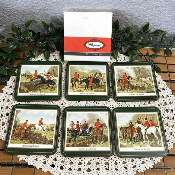 Vtg Pimpernel English Fox Hunting Coasters 6pc Cork Backed Green Deluxe Finish