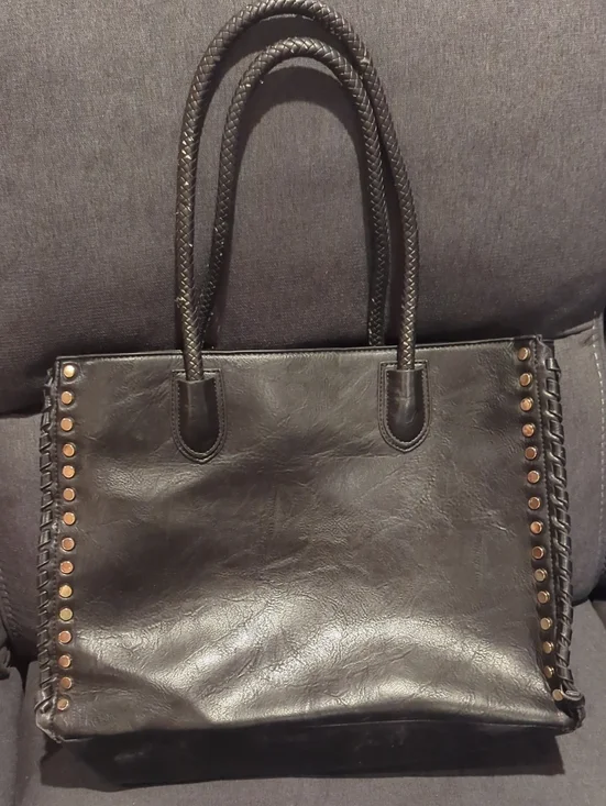Classic Black Leather Tote Bag with Stud Detailing