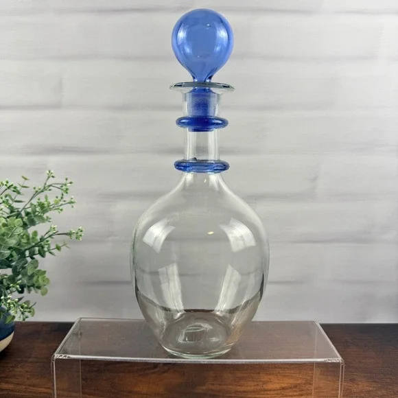 Blenko 3751D Ring Decanter Sky Blue Crystal Glass Ball Stopper