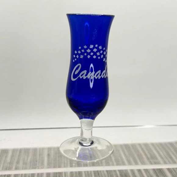 Cobalt Blue Canada Souvenir Shot Glass Etched Maple‎ Leaf Footed Hurricane 4in
