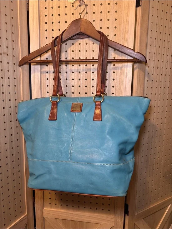 Dooney & Bourke Turquoise Leather Tote with Brown Trim