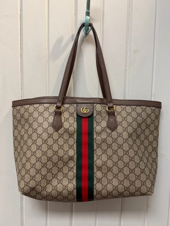 Gucci Ophidia GG Large Tote Bag in Brown with Green-Red Stripe