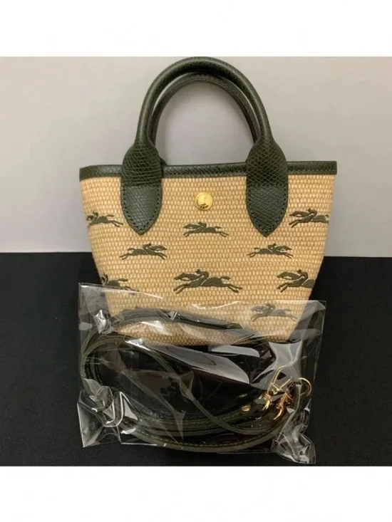 Longchamp Le Panier Green Trim Woven Mini Tote Leaping Horse Motif basket bag