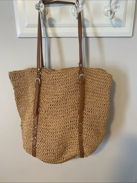 Woven Straw Tote Bag with Brown Faux-Leather Straps