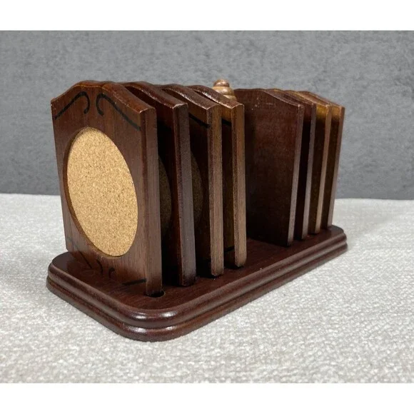 Vintage Japan 1950s Wooden 8 Coaster Set Stand Gail Craft Rare MCM Moody Barware
