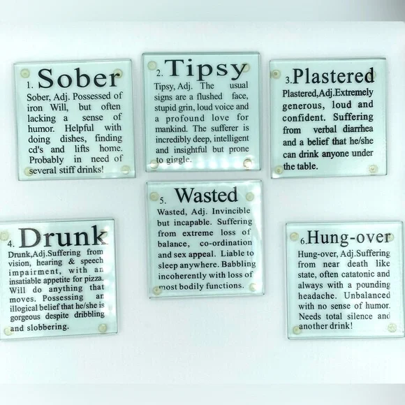 Glass Coasters W/Rubber Feet Stage Of Drinking Quotes Set Of 6