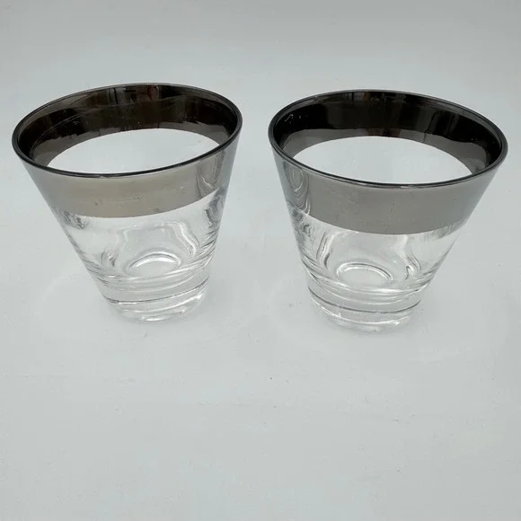 Set 2 Shot‎ Glasses Silver Rim Clear Glass Cordial Liquor Barware EUC