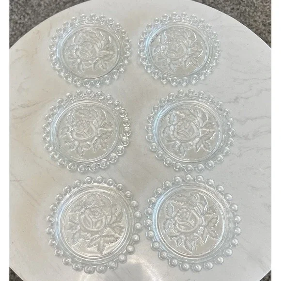 Vtg Clear Glass Rose Coasters 6 Beaded Edge Floral 4