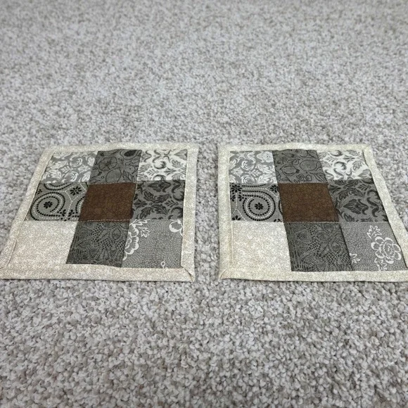 Handmade Quilted 9 Patch Mug Rug Set 2 Cream Grey Brown Cotton Coasters 6x6.5