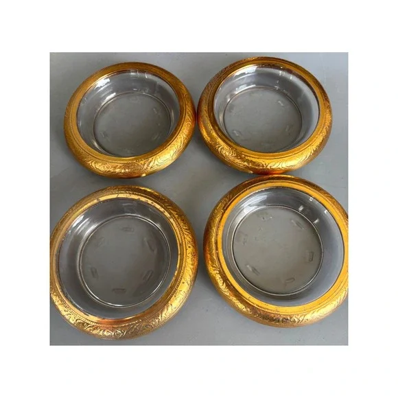 Vtg 4 Pc‎ Glass Coasters with Ornate Gold Tone Metal Rims Floral Embossed