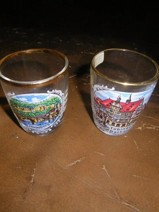 2 Vintage German Souvenir Shot Glasses Heidelberg & Tubingen Rathaus