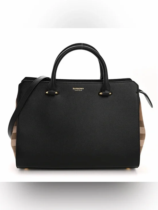 BURBERRY Calfskin Mega Check Medium Banwell Tote Black