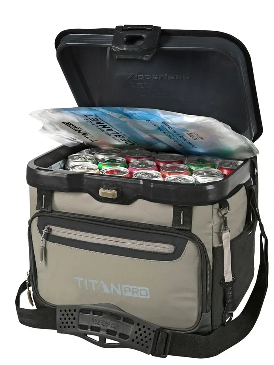 Titan Pro Cooler 40 Can Iceless Zipperless in Taupe Gray and Black