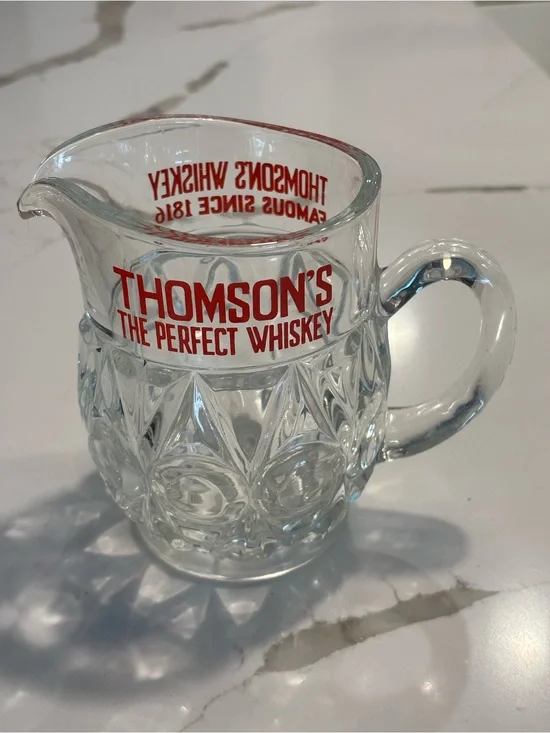 VTG THOMSON'S PERFECT WHISKEY PRESSED GLASS PUB JUG PITCHER ADVERTISING BARWARE