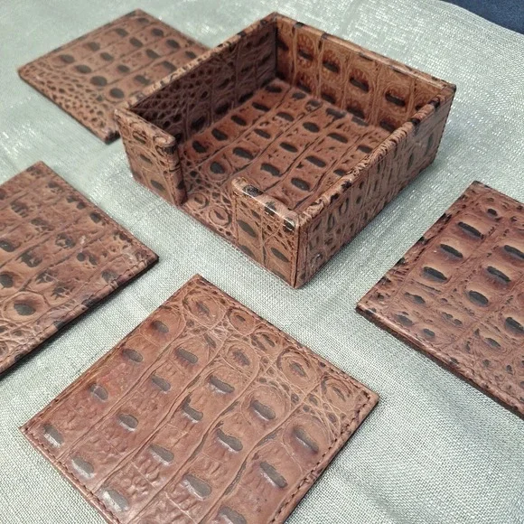 Leather Croc Embossed Coaster Set Restoration Hardware Barware Square Coasters