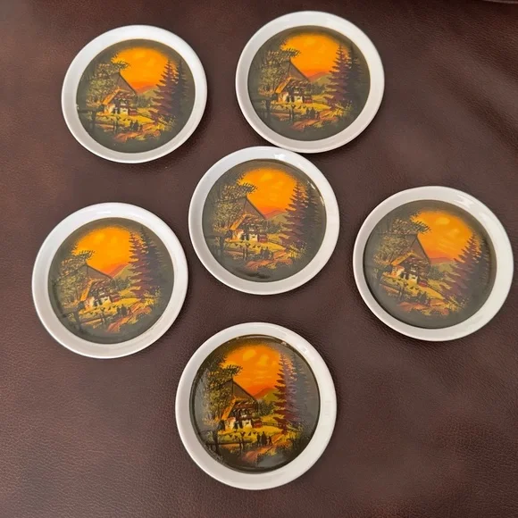 Vintage Black Forest Schramberg Majolika Coaster Set 6Pc