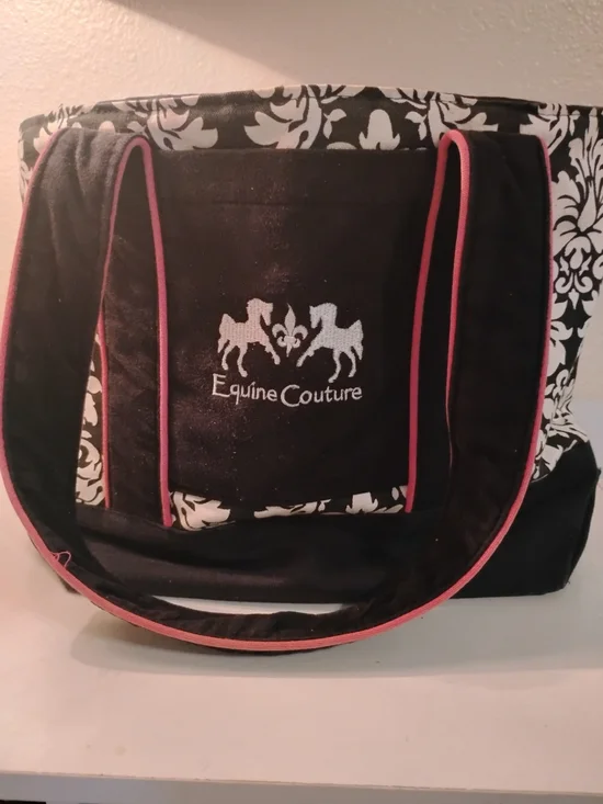 Equine Couture Damask Black/White  & Pink Tote Bag. Embroidered Logo