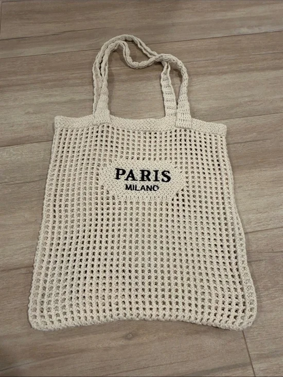 Cream Crochet Tote Bag with 'PARIS MILANO' Embroidery