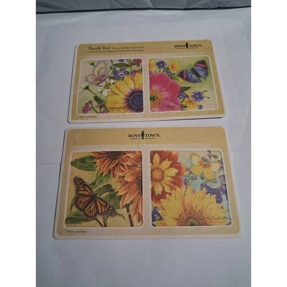 BoysTown Chipboard Coasters 4 Double-Sided Square Butterflies & Flowers New