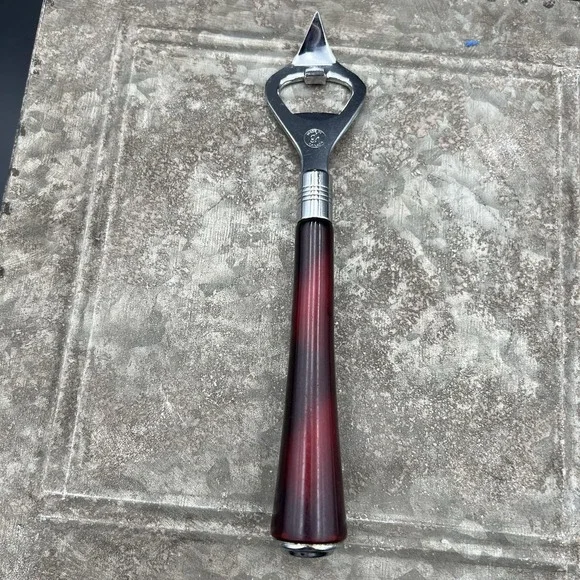 Vintage Glo-Hill Bakelite Bottle Opener Can Punch MCM Cherry Red Marbled Canada