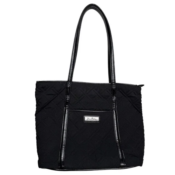 Vera Bradley Black Quilted‎ Microfiber Tote Bag Patent Trim Shoulder Bag