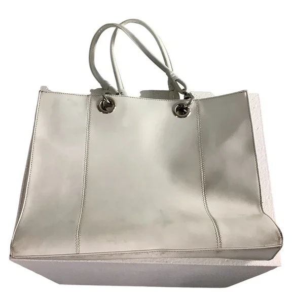 Wilsons Leather White Tote Bag Silver Grommet Leopard Print Lining Large Handbag