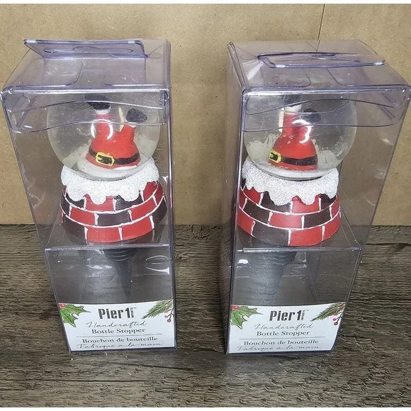 Pier 1 Imports Upside-down Santa Snowglobe Wine Bottle Stopper NIB Set Of 2