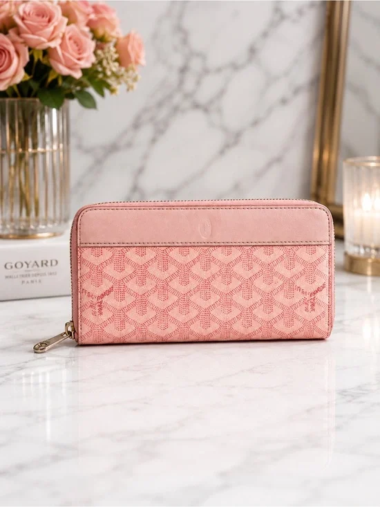 Goyard Sakura Rare Pink GM Zip Around Wallet Goyardine Leather Includes Box