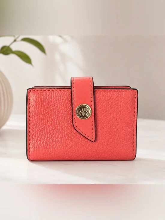 Michael Kors Coral Pebbled Leather Snap Wallet with Gold MK Accent